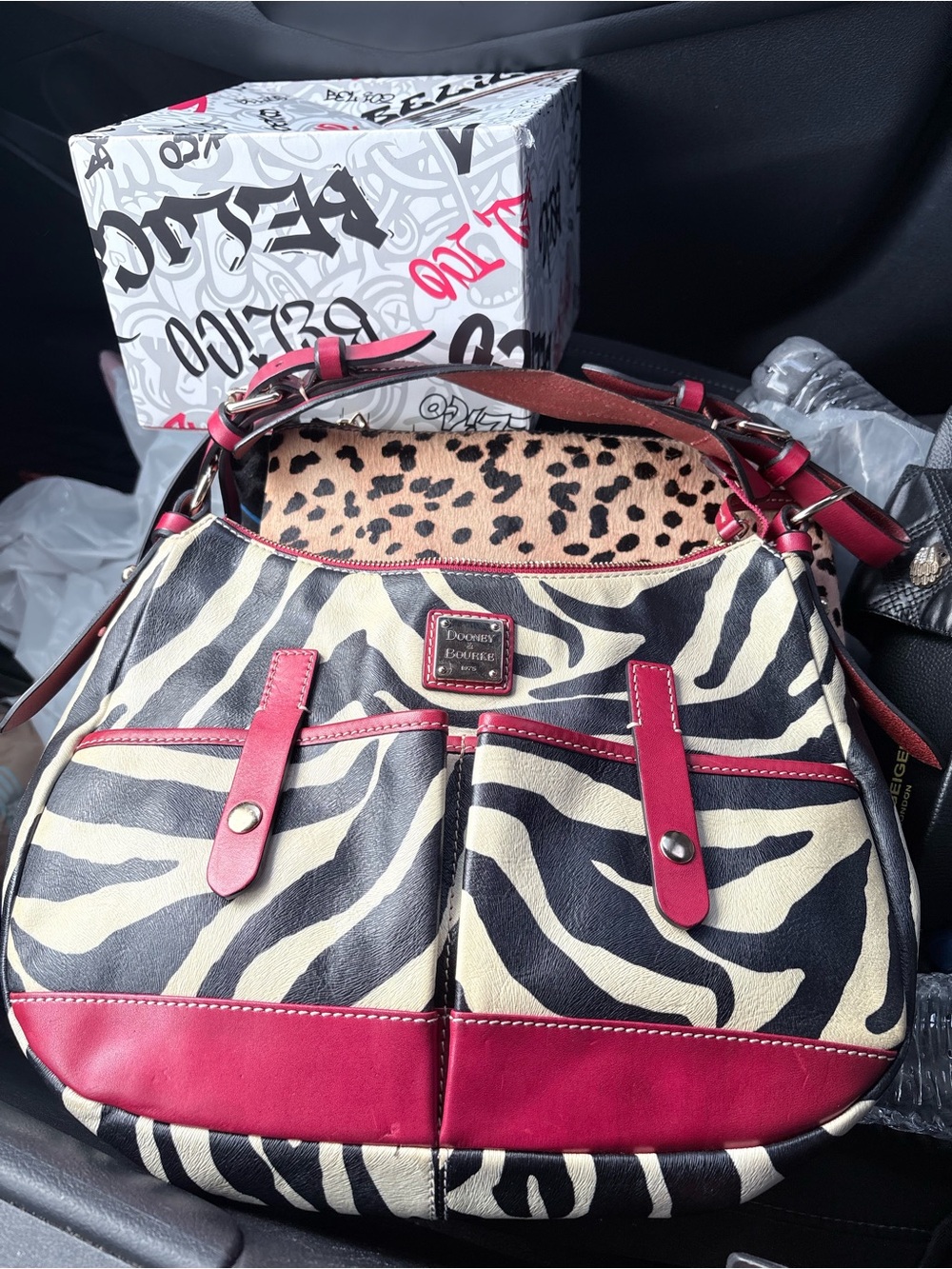 Dooney & Bourke Black and Cream Zebra Shoulder Bag with Red Trim